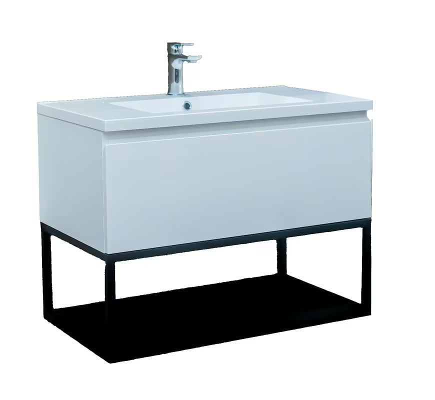 Viseća ormarić s umivaonikom SAT B-Way u sjajno bijeloj boji s crnim metalnim okvirom.