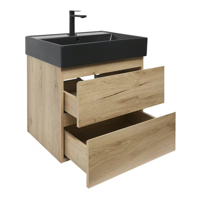 Viseća kupaonski ormarić SAT B-Way s umivaonikom u dekoru hrasta i crnim elementima