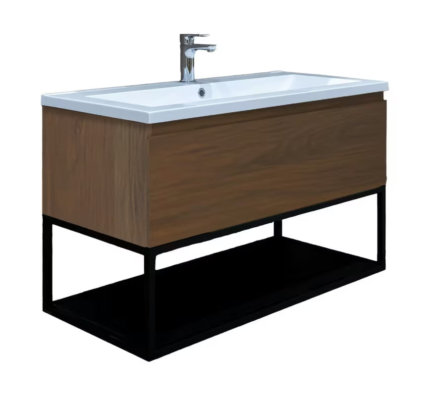 Kupaonski ormarić s umivaonikom SAT B-Way u dekoru oraha s crnim metalnim okvirom