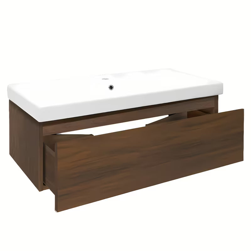 Viseća kupaonski ormarić SAT B-Way s keramičkim umivaonikom u dekoru oraha s mat površinom.