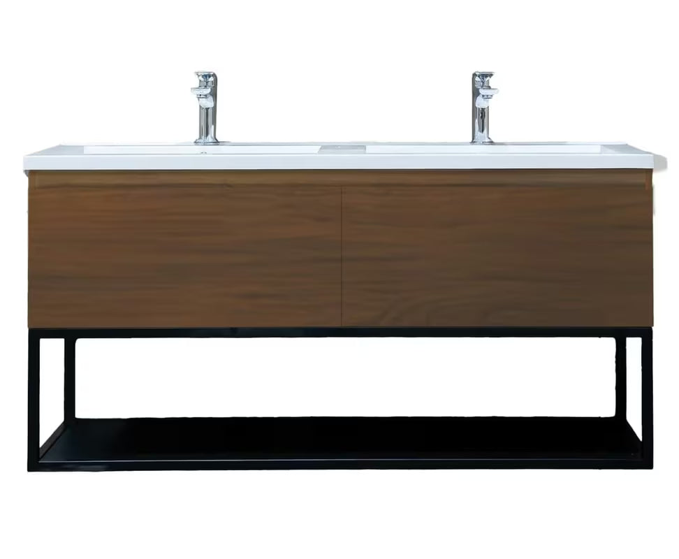 Viseća kupaonski ormarić SAT B-Way u dekoru oraha s crnim metalnim okvirom i dvostrukim umivaonikom.