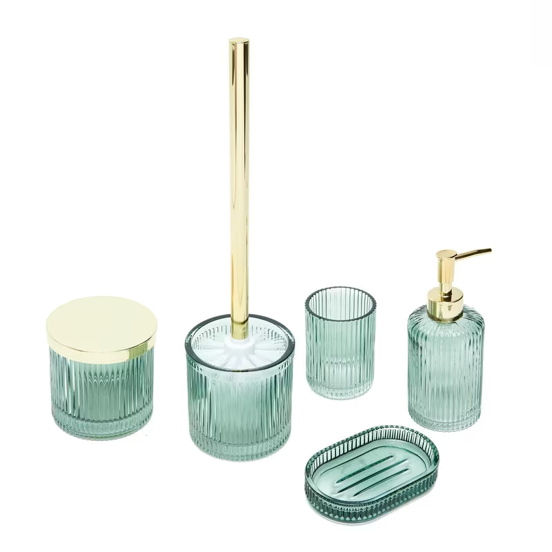 Zeleni samostojeći dozator sapuna SAT Boho sa zaobljenim oblikom i sjajnom površinom od metala i stakla.