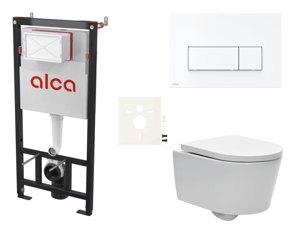Viseći WC set SAT Brevis s predzidnim modulom Alca, tipkom za ispiranje i sjedalom soft Close i EasyLock.