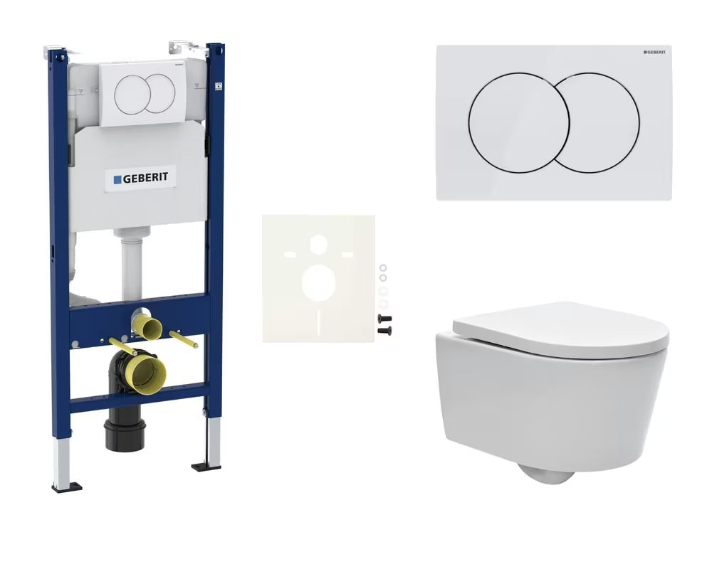 Viseći WC set SAT Brevis s modulom Geberit, Rimless školjkom i sjedalom soft Close s bijelom tipkom Delta
