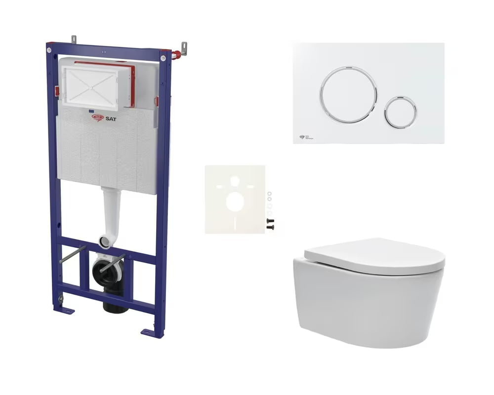 Viseći WC set SAT Brevis s podžbuknim vodokotlićem, tipkom za ispiranje i sjedalom s funkcijama soft Close i EasyLock.
