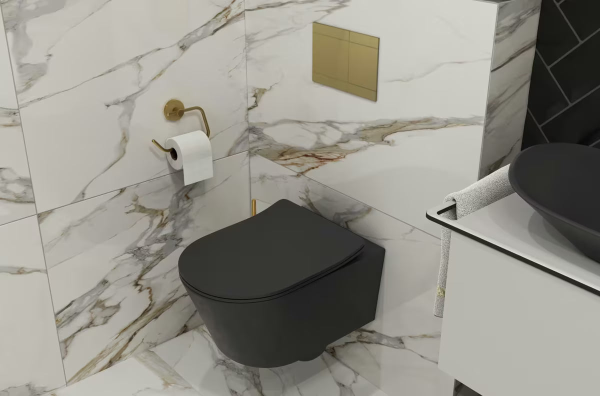 Crno mat viseća WC školjka SAT Brevis sa skrivenim pričvršćenjem i sjedalom soft Close