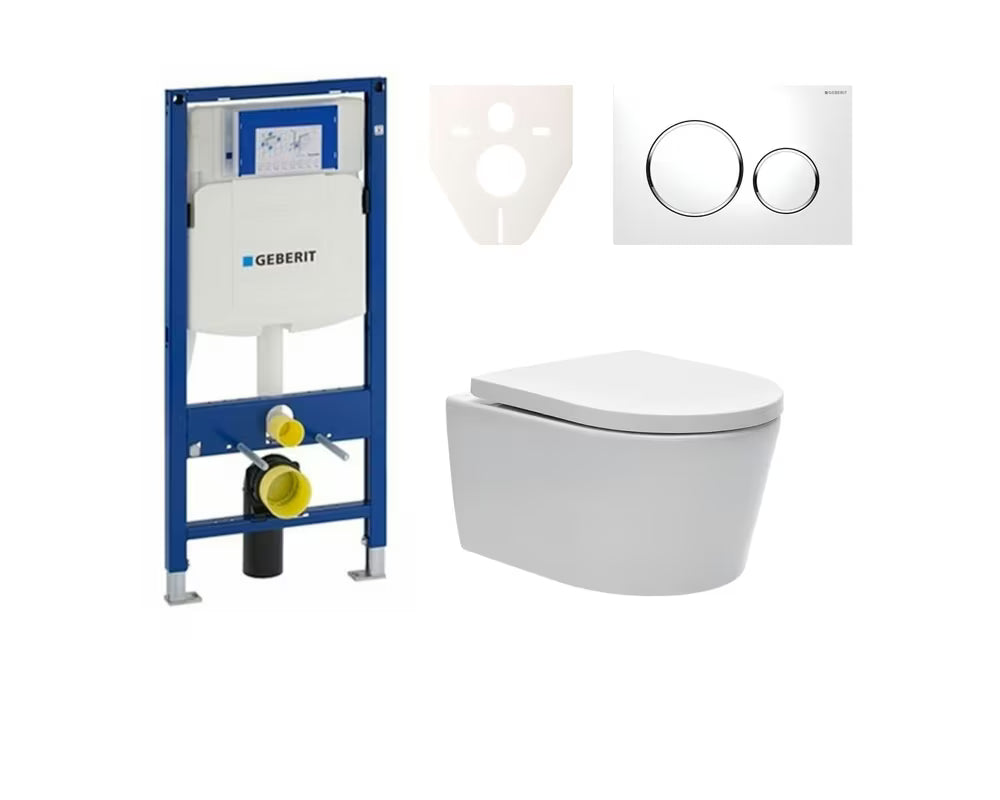 Viseći WC set SAT Brevis s modulom Geberit Duofix, Rimless školjkom i bijelom tipkom za ispiranje
