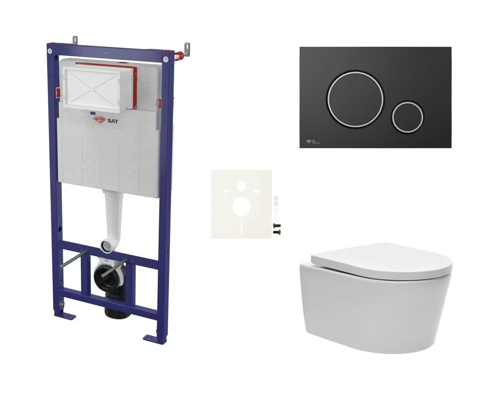 Viseći WC set SAT Brevis s podžbuknim vodokotlićem, mat crnom tipkom za ispiranje i sjedalom soft Close.