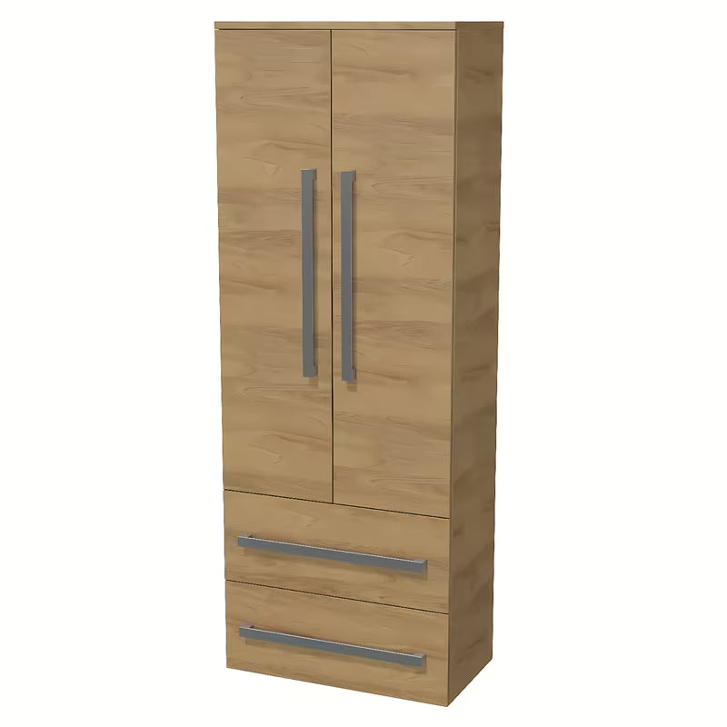 Visoka viseća kupaonski ormarić SAT Cube Way 60x163x33 cm u dekoru hrasta hickory s kromiranim ručkicama.