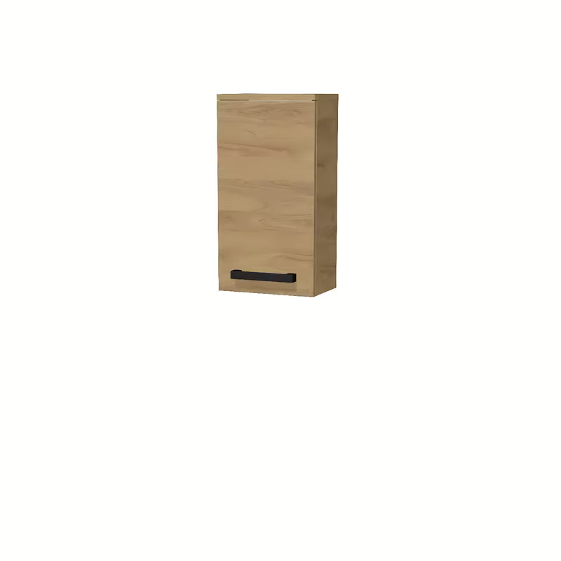 Niska viseća kupaonski ormarić SAT Cube Way u dekoru hrasta hickory s crnim ručkicama