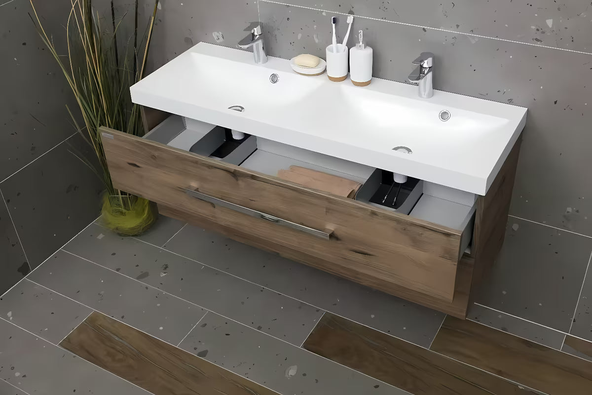 Viseća kupaonski ormarić SAT Cube Way s dvostrukim umivaonikom u dekoru hrasta wellington