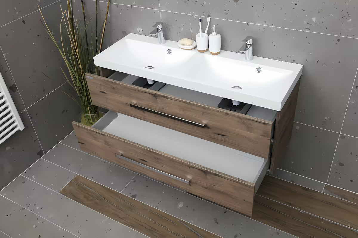 Viseća kupaonski ormarić SAT Cube Way s dvostrukim umivaonikom u dekoru hrasta wellington