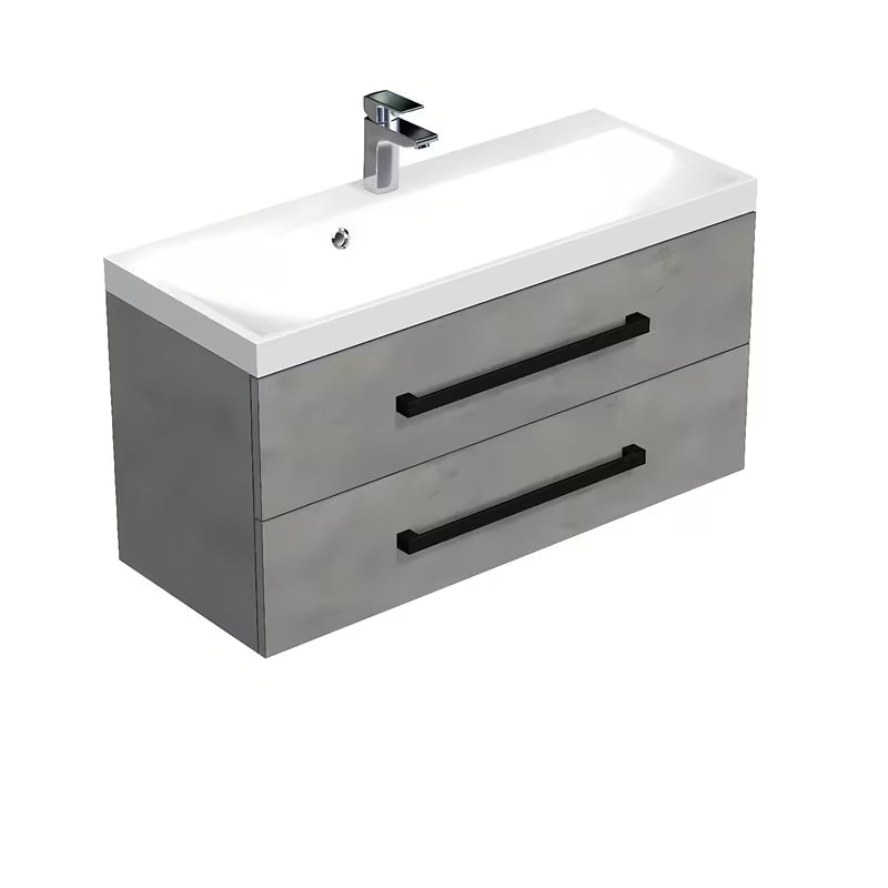 Viseća kupaonski ormarić s umivaonikom SAT Cube Way u dekoru imitacije betona s crnim mat ručkicama.