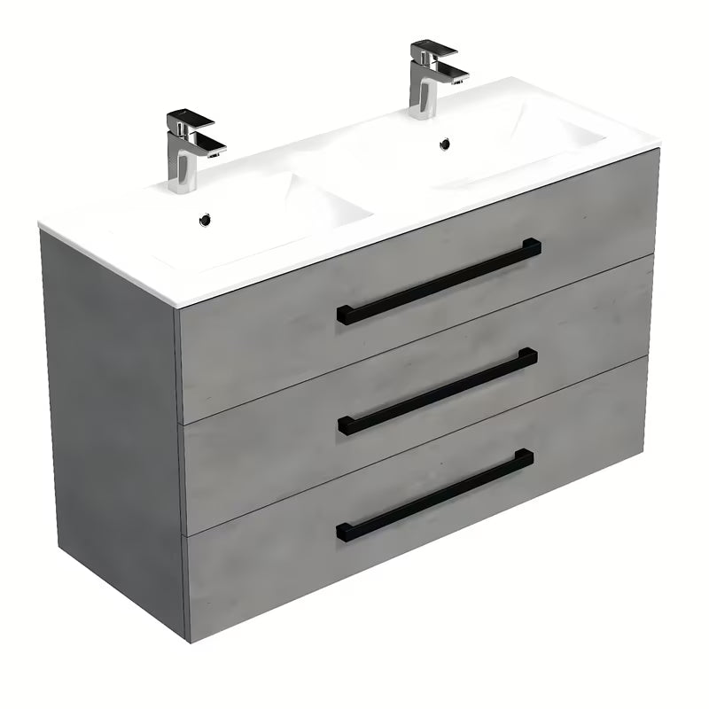 Viseća kupaonski ormarić SAT Cube Way s keramičkim umivaonikom u imitaciji betona i crnim ručkicama