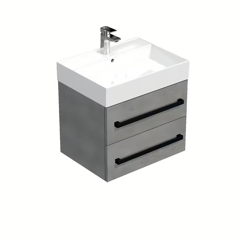 Viseća kupaonski ormarić SAT Cube Way s keramičkim umivaonikom u dekoru betona i crnim mat ručkicama