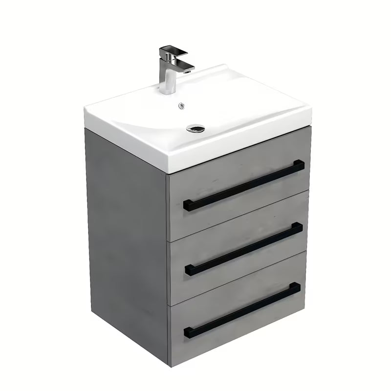 Viseća kupaonski ormarić s keramičkim umivaonikom SAT Cube Way u imitaciji betona s crnim ručkicama.