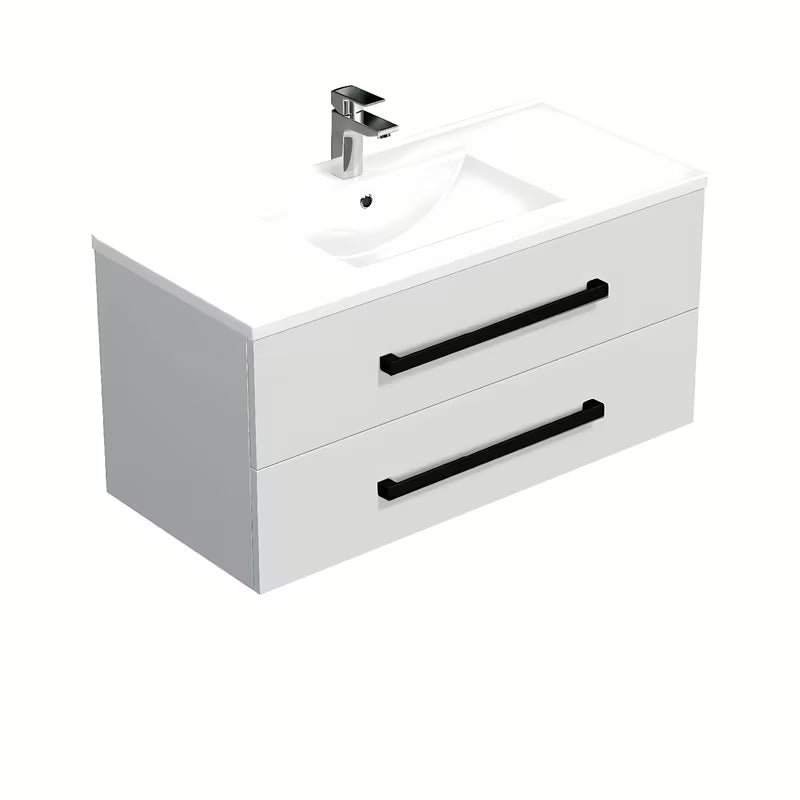 Viseća kupaonski ormarić SAT Cube Way s keramičkim umivaonikom u sjajno bijeloj boji i crnim ručkicama