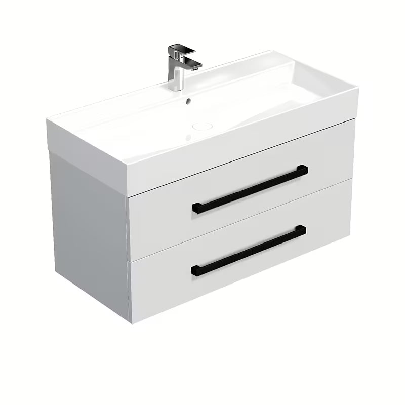 Viseća kupaonski ormarić SAT Cube Way s keramičkim umivaonikom u sjajno bijeloj boji i crnim ručkicama