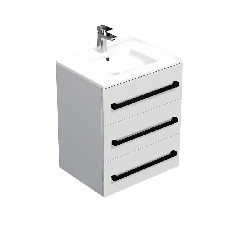 Viseća kupaonski ormarić SAT Cube Way s keramičkim umivaonikom u sjajno bijeloj boji i crnim ručkicama