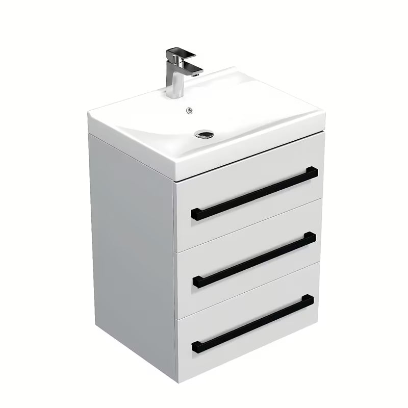 Viseća kupaonski ormarić s keramičkim umivaonikom SAT Cube Way u bijelom sjaju s crnim ručkicama