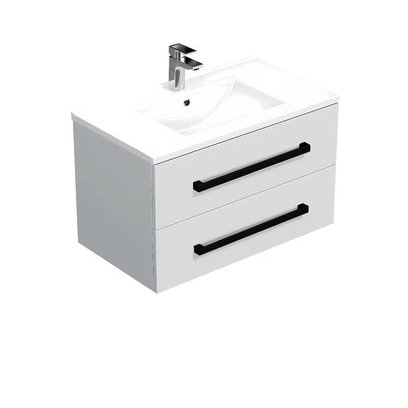 Viseća kupaonski ormarić SAT Cube Way s keramičkim umivaonikom u sjajno bijeloj boji i crnim ručkicama