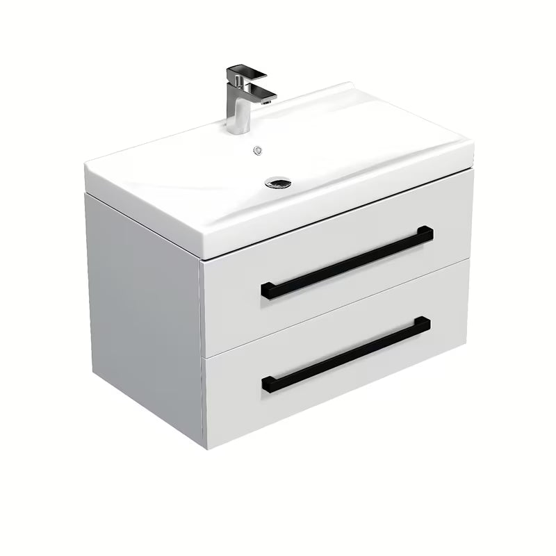 Viseća kupaonski ormarić SAT Cube Way s keramičkim umivaonikom u sjajno bijeloj boji i crnim ručkicama