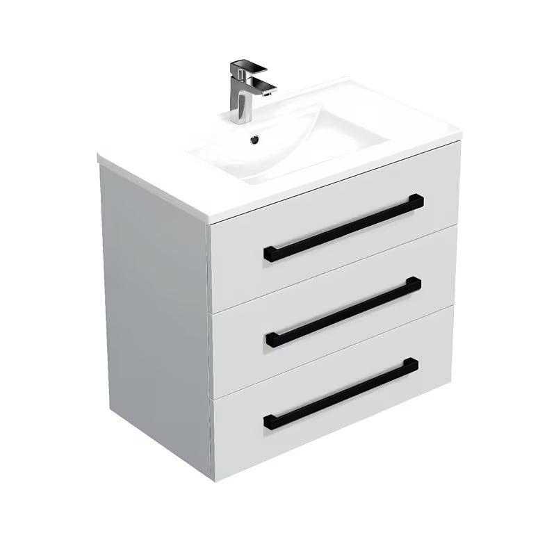 Viseća kupaonski ormarić SAT Cube Way s keramičkim umivaonikom u sjajno bijeloj boji i crnim ručkicama