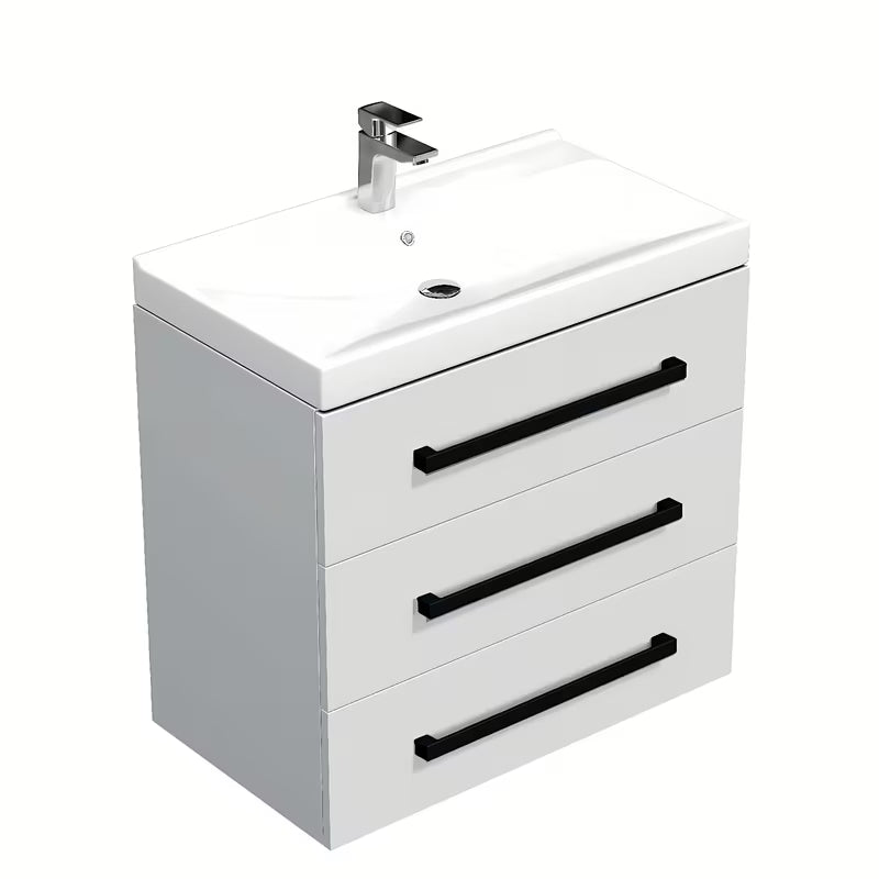 Viseća kupaonski ormarić SAT Cube Way s keramičkim umivaonikom u sjajno bijeloj boji i crnim ručkicama