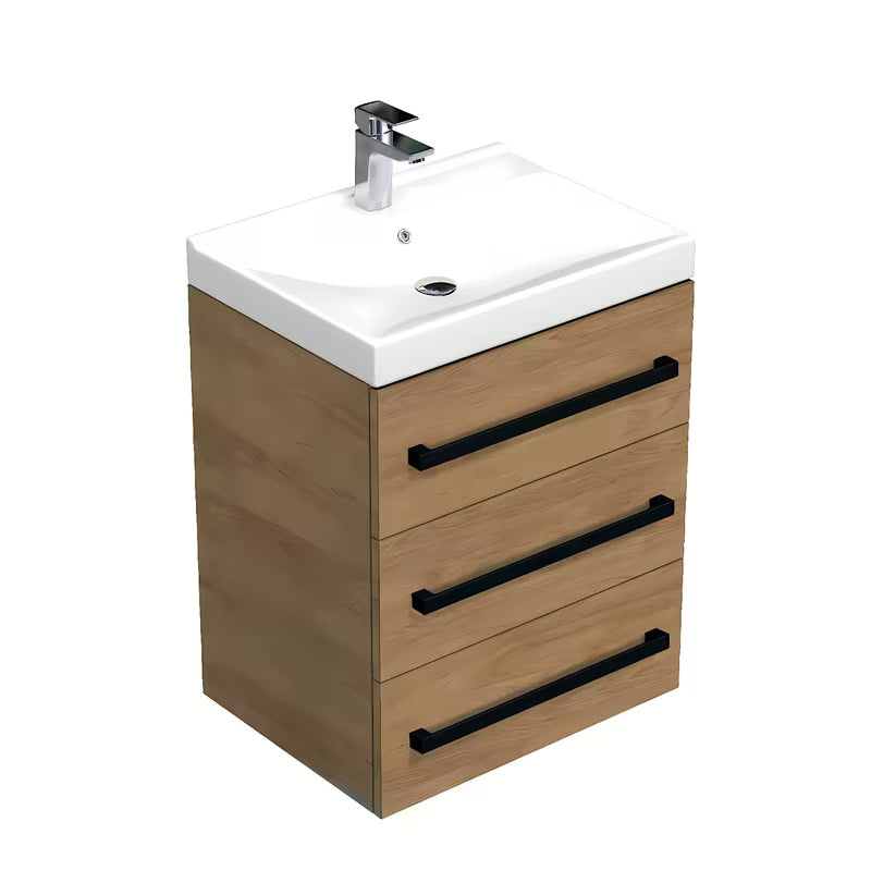 Viseća kupaonski ormarić SAT Cube Way s keramičkim umivaonikom u dekoru hrasta hickory i tri ladice