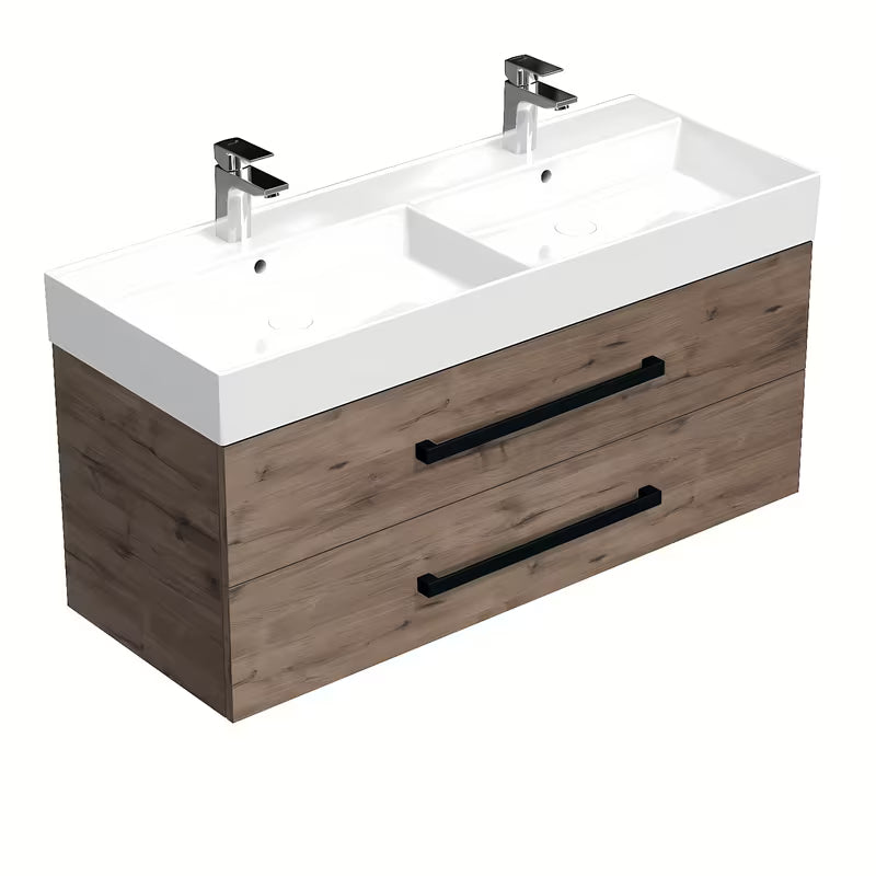 Viseća kupaonski ormarić s keramičkim umivaonikom SAT Cube Way u dekoru hrasta wellington s crnim ručkicama