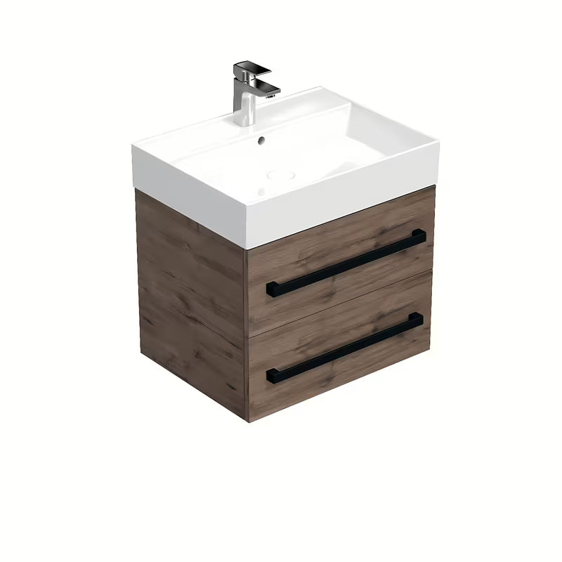 Viseća kupaonski ormarić s keramičkim umivaonikom SAT Cube Way u dekoru hrasta wellington s crnim ručkicama.