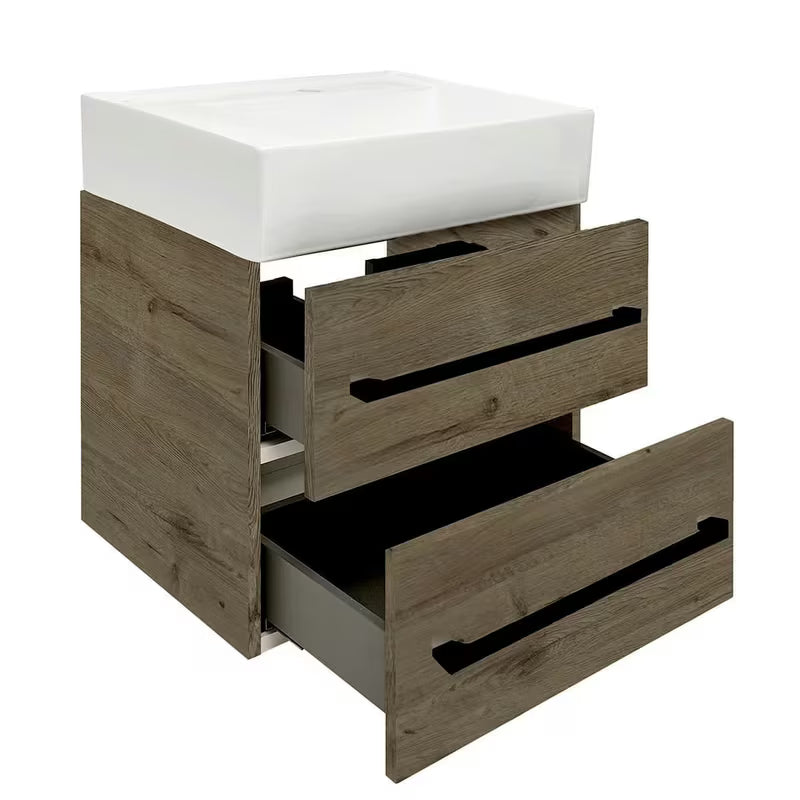 Viseća kupaonski ormarić SAT Cube Way s keramičkim umivaonikom u dekoru hrasta Wellington