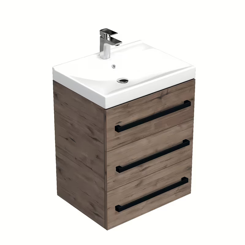 Viseća kupaonski ormarić SAT Cube Way s keramičkim umivaonikom u dekoru hrasta wellington i crnim ručkicama.