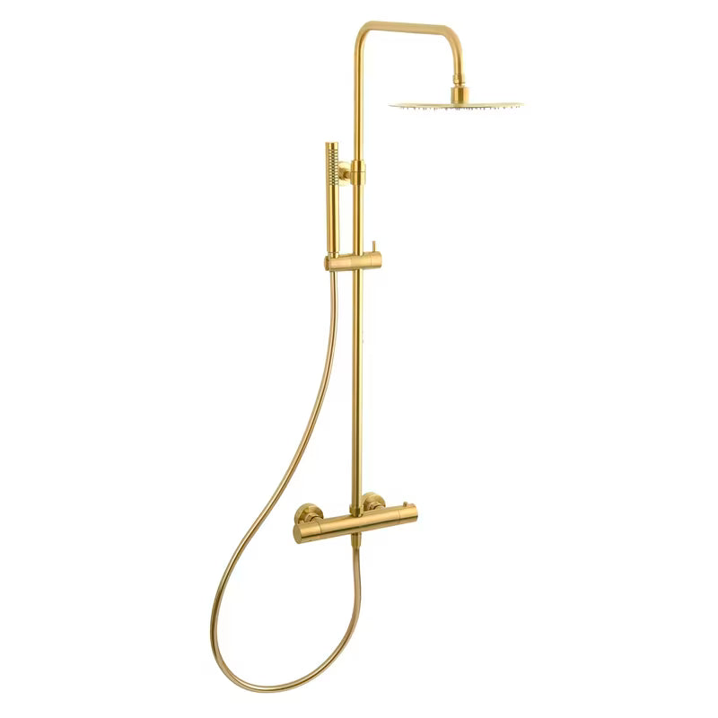 Tuš sustav SAT Dark s termostatskom miješalicom u obradi brušeno zlato s okruglim nadglavnim tušem 25 cm.