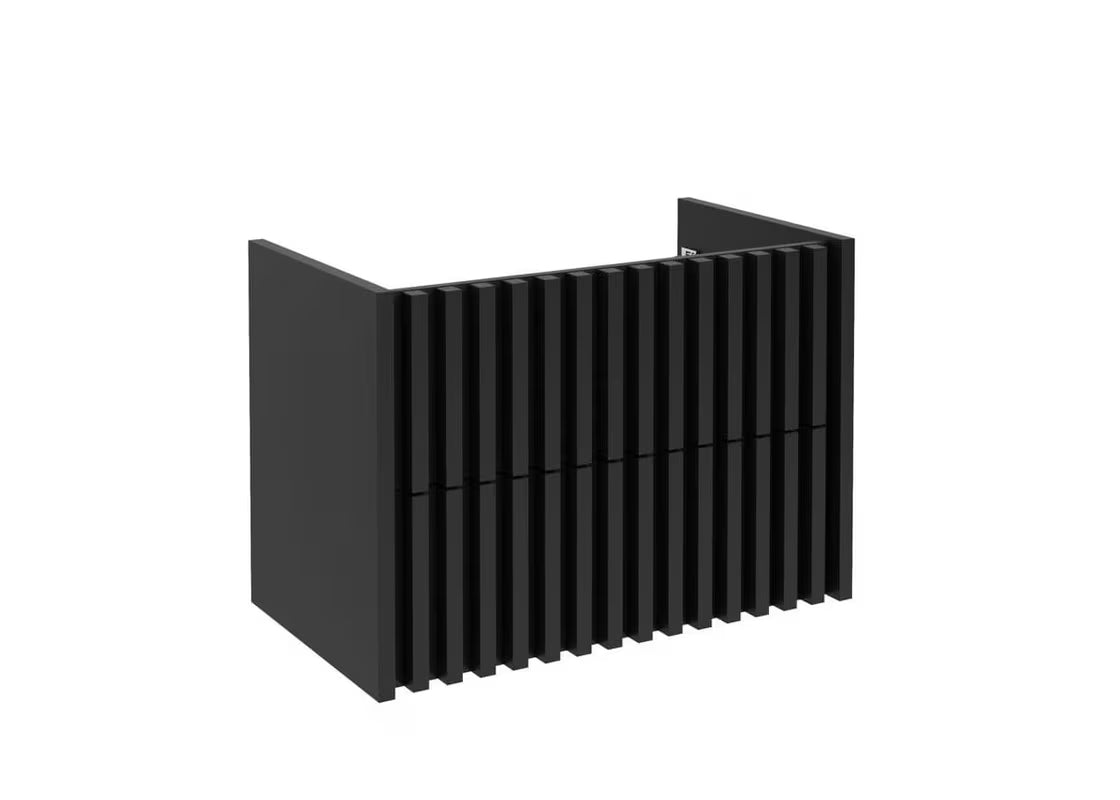 Viseća kupaonski ormarić SAT Delano u crnoj mat boji s hrastovom gornjom pločom i okomitim letvicama.