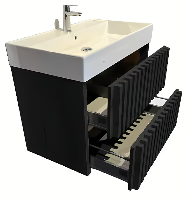 Viseća kupaonski ormarić s keramičkim umivaonikom SAT Delano u crnoj mat izvedbi.