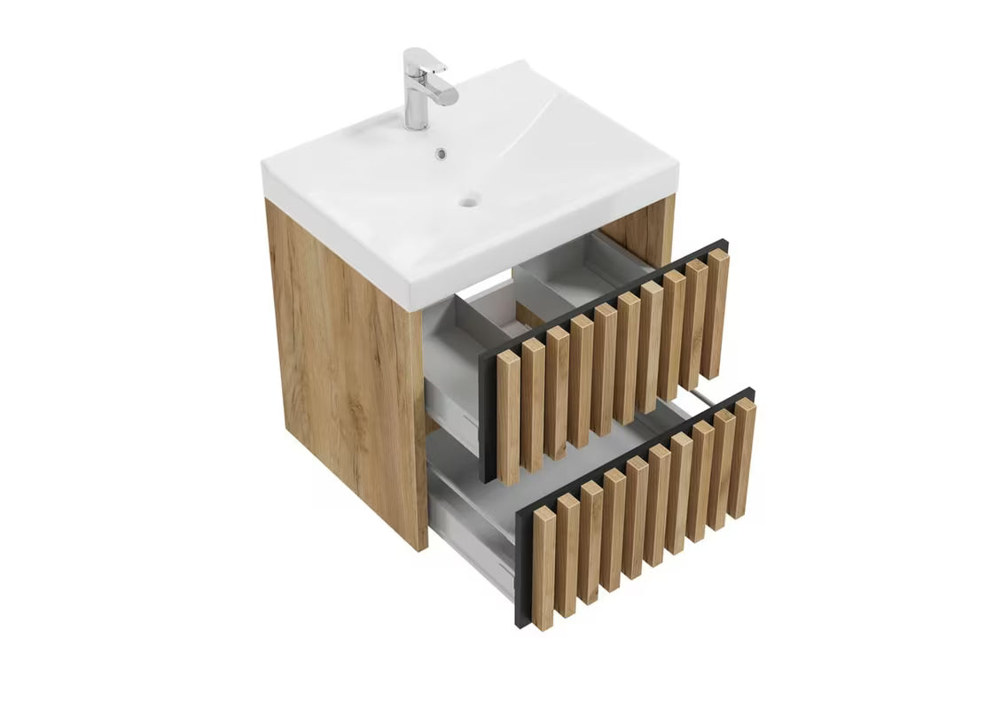 Viseća kupaonski ormarić s keramičkim umivaonikom SAT Delano u dekoru hrasta s modernim vertikalnim letvicama.