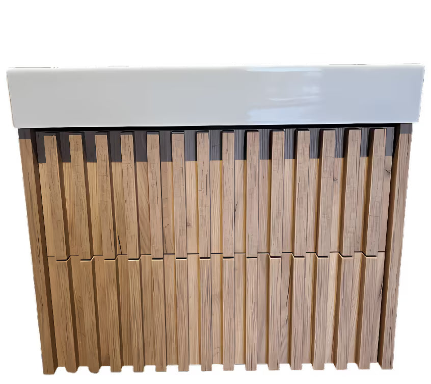 Viseća kupaonski ormarić s keramičkim umivaonikom SAT Delano u dekoru mat hrast s vertikalnim letvicama