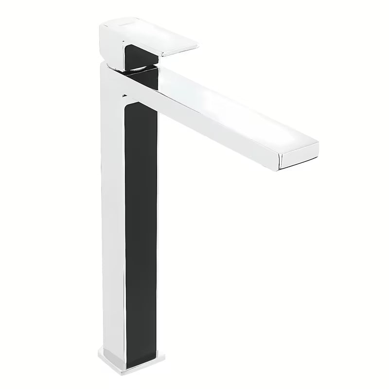 Visoka jednoručna baterija miješalica za umivaonik SAT Elements u crnoj boji s kromiranim elementima bez odvoda.