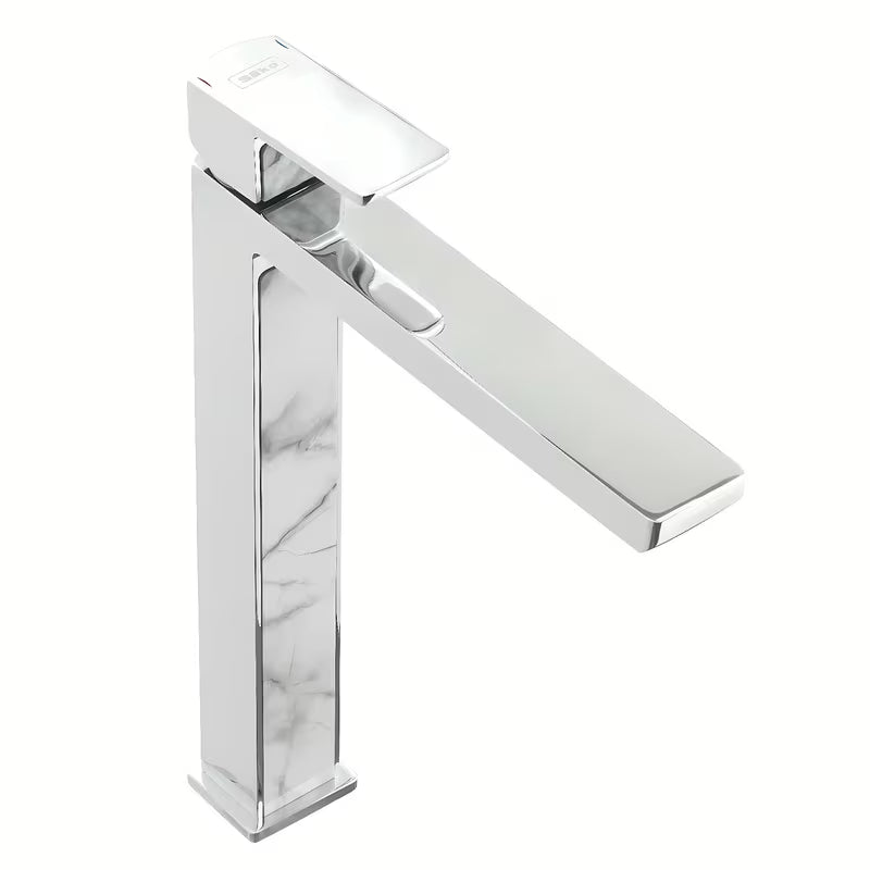 Visoka miješalica za Umivaonik SAT Elements u dekoru bijelog mramora, stojeća jednoručna baterija bez odvoda.
