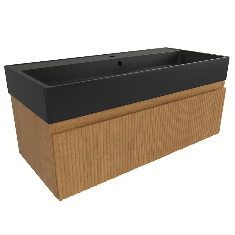 Viseća kupaonski ormarić SAT Evolution s keramičkim umivaonikom u dekoru medni hrast i crnoj mat boji