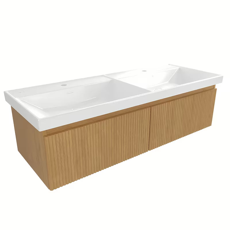 Viseća kupaonski ormarić SAT Evolution s dvostrukim umivaonikom u dekoru medni hrast s okomitim glodanjem