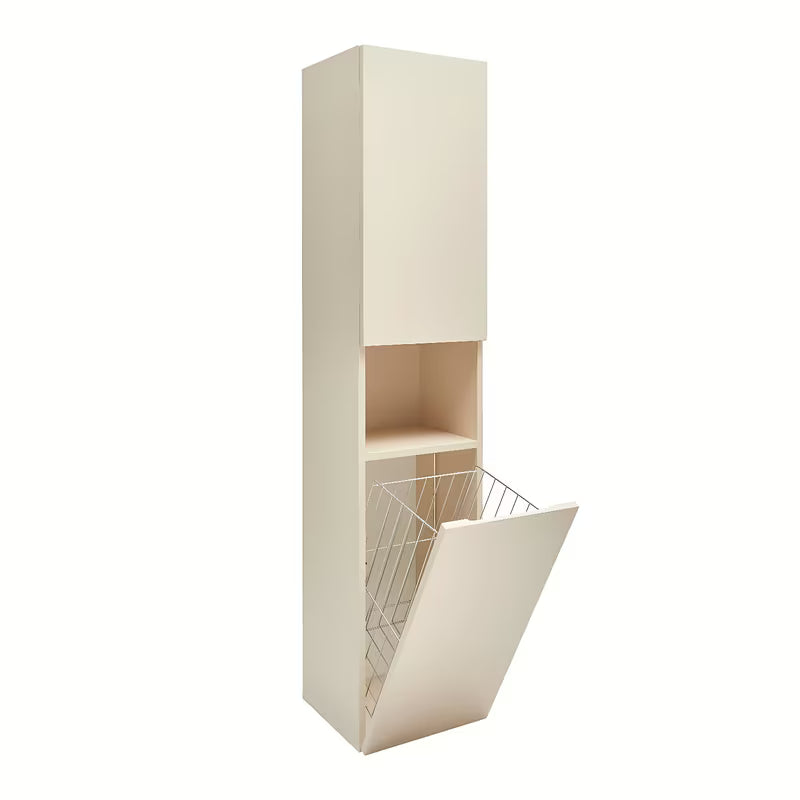 Visoka viseća kupaonski ormarić SAT Feel u mat bež boji s košarom za rublje i sa staklenim policama.