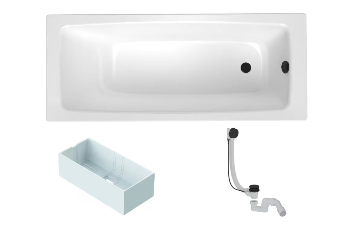 Pravokutna kada SAT Feel 150 x 70 cm od emajliranog čelika s nosačem i odvodno-preljevnom garniturom u crnoj boji