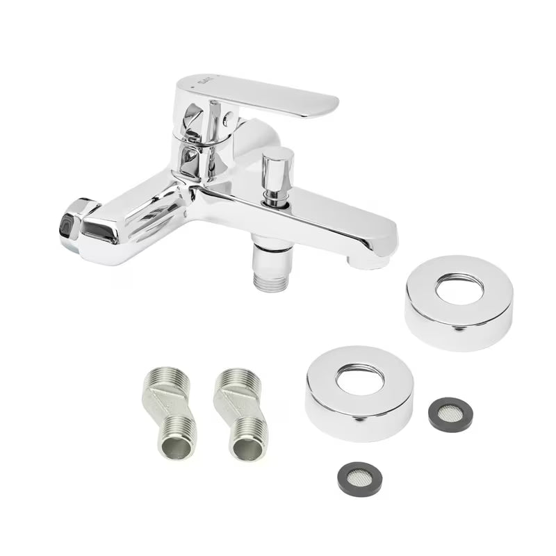 Zidna jednoručna baterija miješalica za kadu SAT Feel u kromiranoj izvedbi s modernim zaobljenim dizajnom.