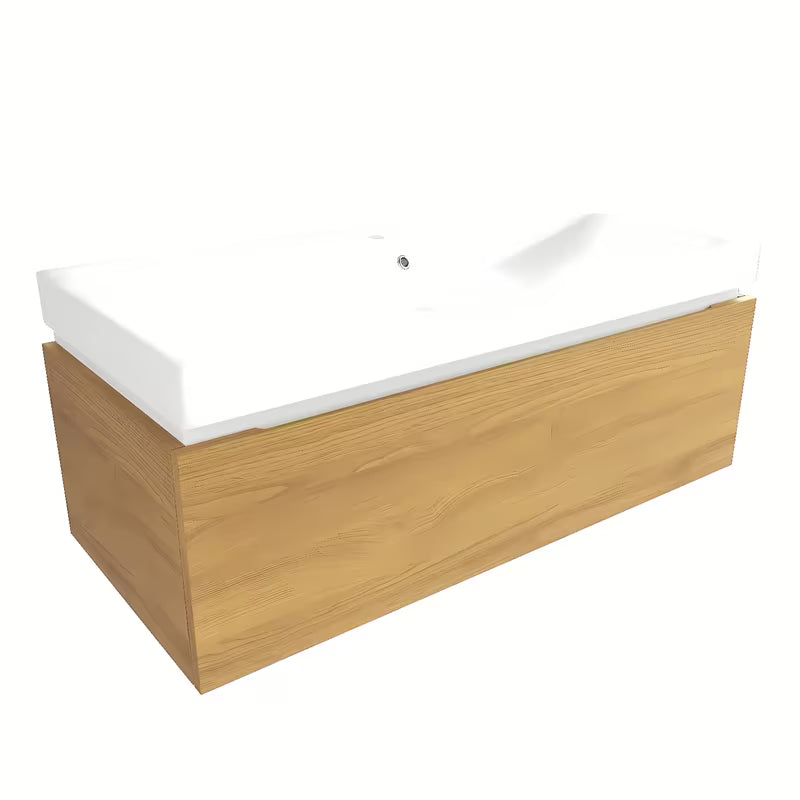 Viseća kupaonski ormarić SAT Feel s keramičkim umivaonikom u dekoru medni hrast s mat površinom.