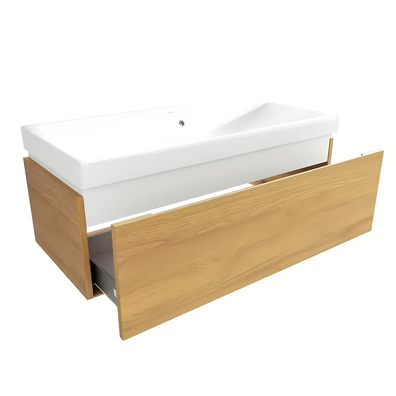 Viseća kupaonski ormarić SAT Feel s keramičkim umivaonikom u dekoru medni hrast s mat površinom.