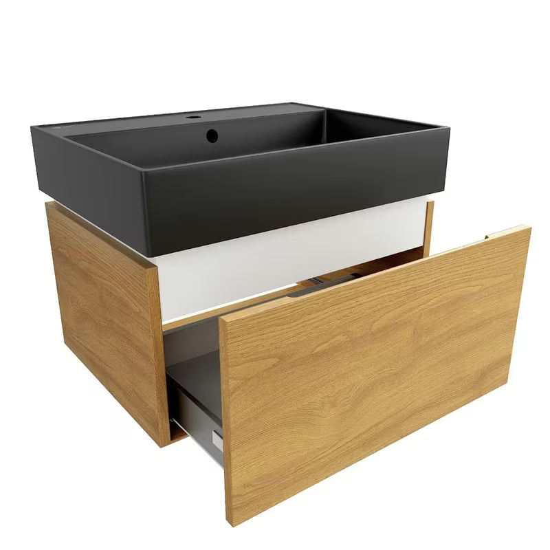 Viseća kupaonski ormarić SAT Feel s keramičkim umivaonikom u dekoru medni hrast