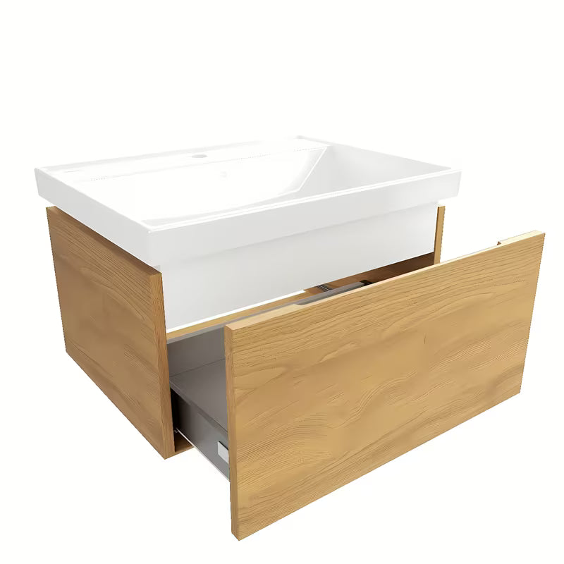 Viseća kupaonski ormarić SAT Feel s keramičkim umivaonikom u dekoru medni hrast s mat završnom obradom.