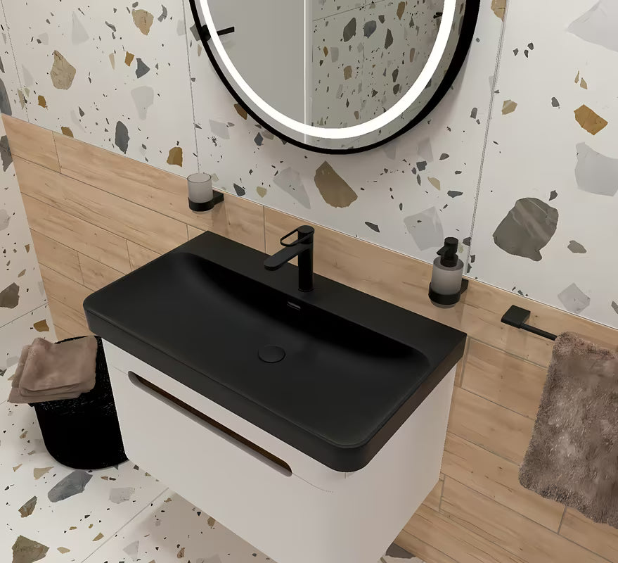 Keramički umivaonik za kupaonski ormarić SAT Fusion u mat crnoj boji s otvorom pro slavinu u sredini